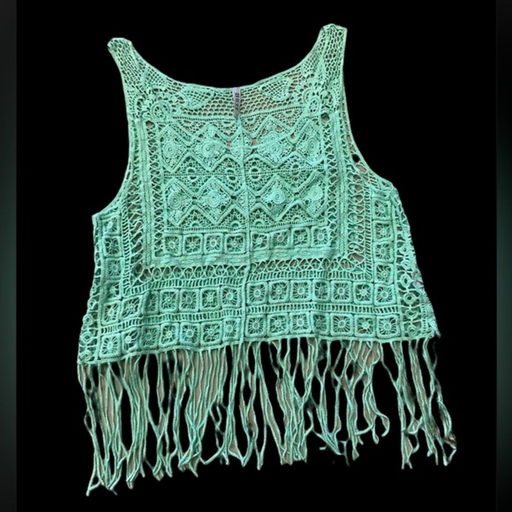 Buzz‎ Crochet Fringe Tank Top Mint Green Boho Festival Costal Grandmother Medium